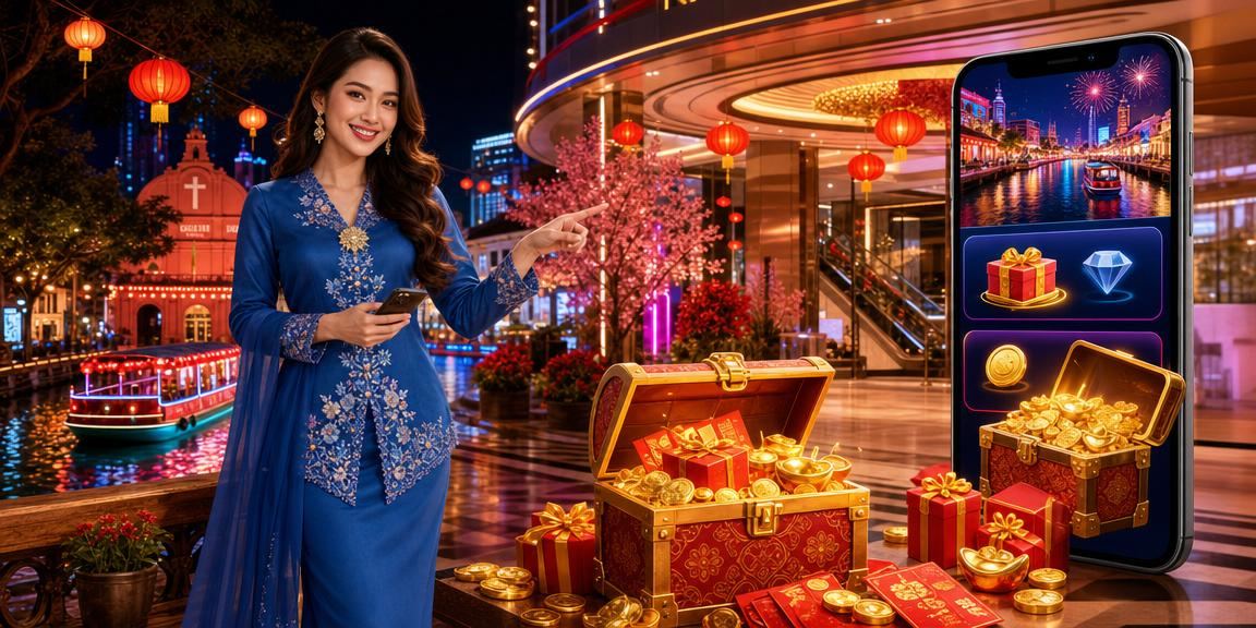 A woman in baju kurung playing casino jackpot on her smartphone in Melaka